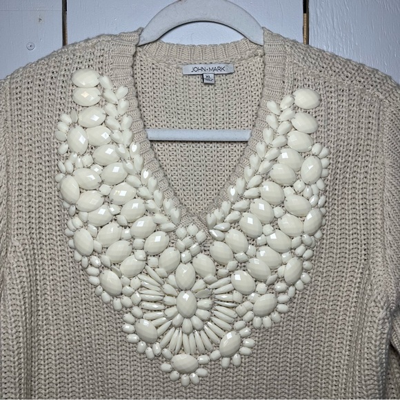John Mark Cream Knit Sweater with Floral Embellishments Neckline XL - Picture 2 of 9